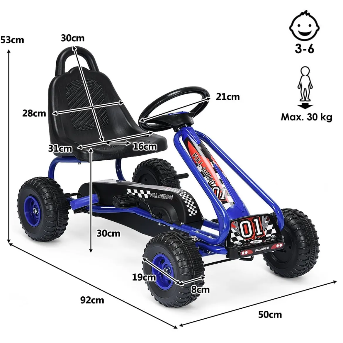 Gokart mit Verstellbarem Sitz & Handbremse Tretauto bis 30kg Belastbar Pedal Go Cart