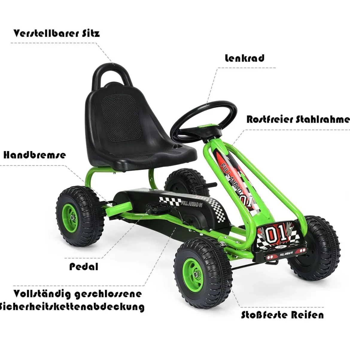 Gokart mit Verstellbarem Sitz & Handbremse Tretauto bis 30kg Belastbar Pedal Go Cart