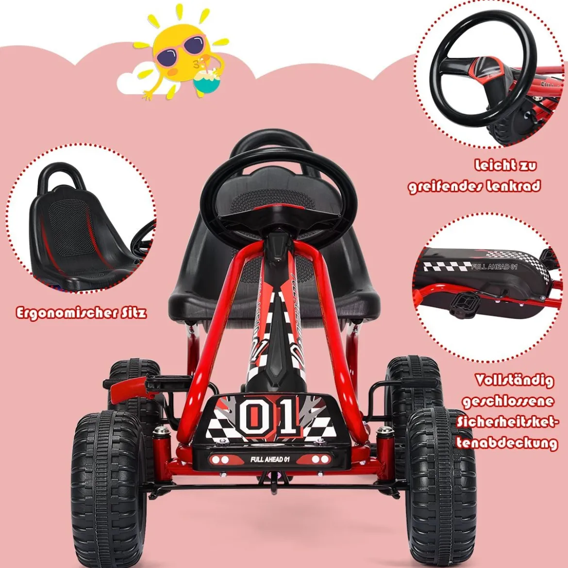 Gokart mit Verstellbarem Sitz & Handbremse Tretauto bis 30kg Belastbar Pedal Go Cart