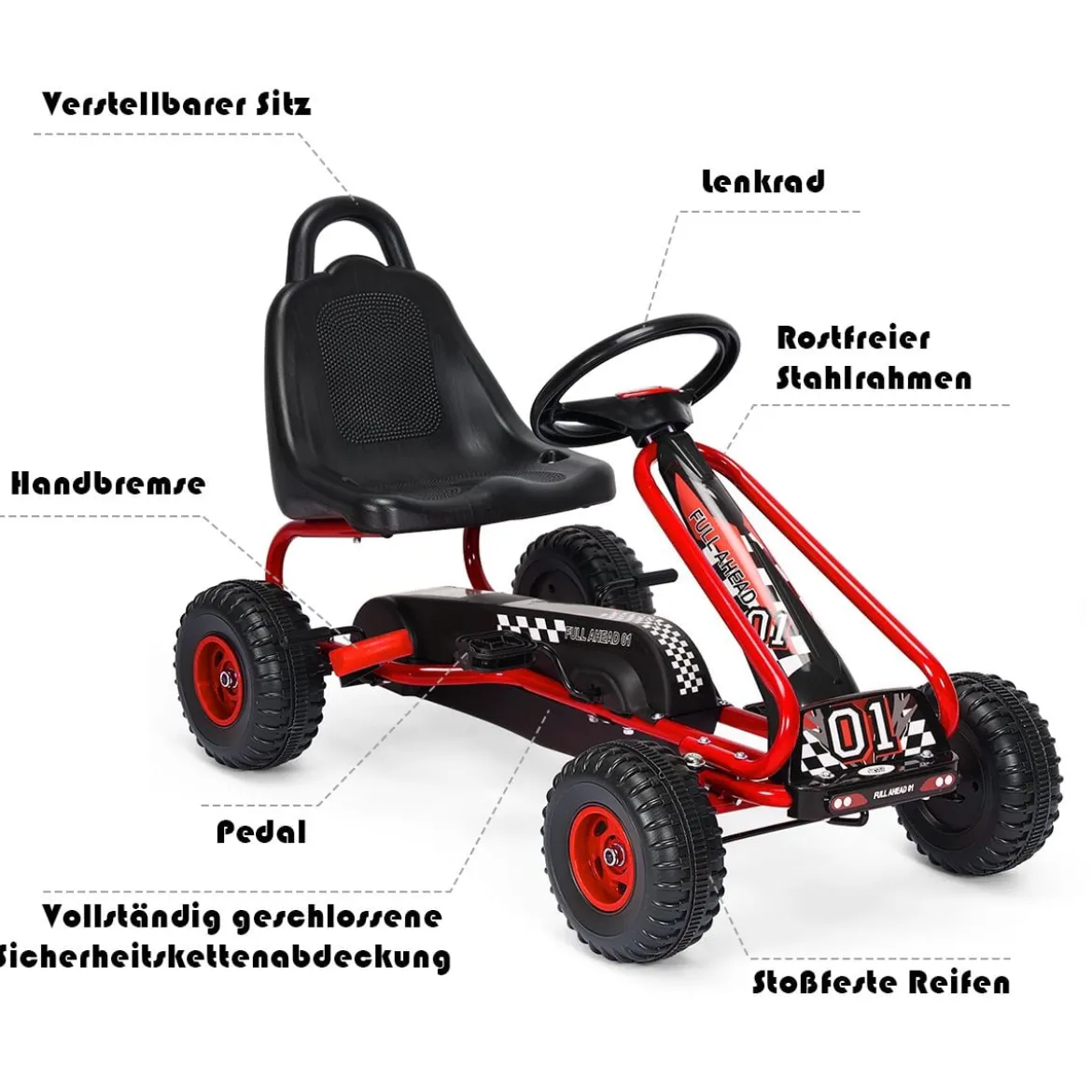 Gokart mit Verstellbarem Sitz & Handbremse Tretauto bis 30kg Belastbar Pedal Go Cart