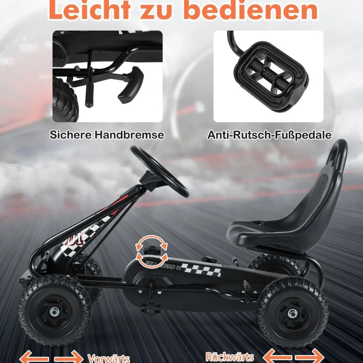 Gokart mit Verstellbarem Sitz & Handbremse Tretauto bis 30kg Belastbar Pedal Go Cart