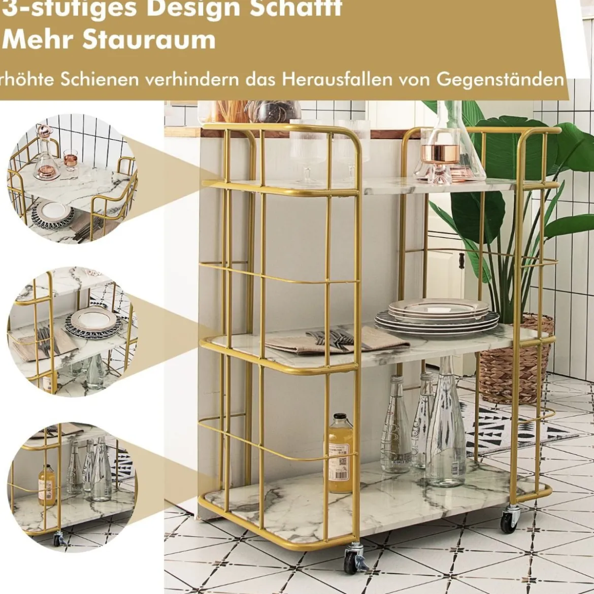 Goldener Barwagen 3-Stöckiger Servierwagen mit Marmoroberfläche 66 x 40 x 82 cm