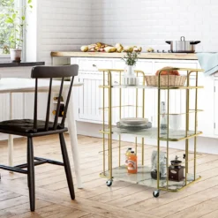 Goldener Barwagen 3-Stöckiger Servierwagen mit Marmoroberfläche 66 x 40 x 82 cm