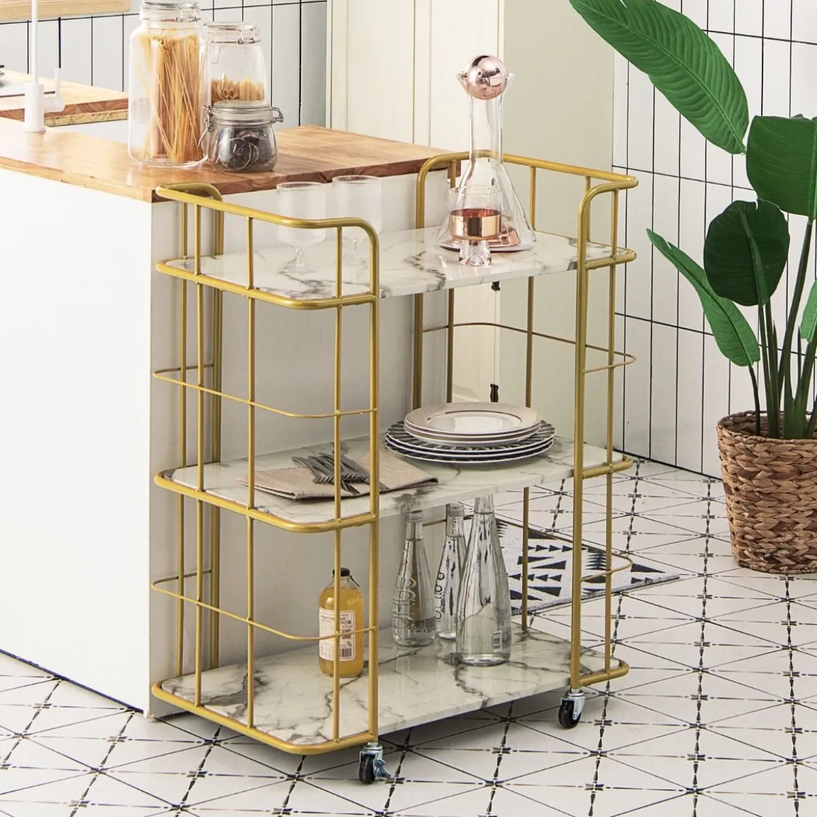 Goldener Barwagen 3-Stöckiger Servierwagen mit Marmoroberfläche 66 x 40 x 82 cm