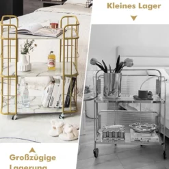 Goldener Barwagen 3-Stöckiger Servierwagen mit Marmoroberfläche 66 x 40 x 82 cm