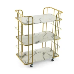 Goldener Barwagen 3-Stöckiger Servierwagen mit Marmoroberfläche 66 x 40 x 82 cm