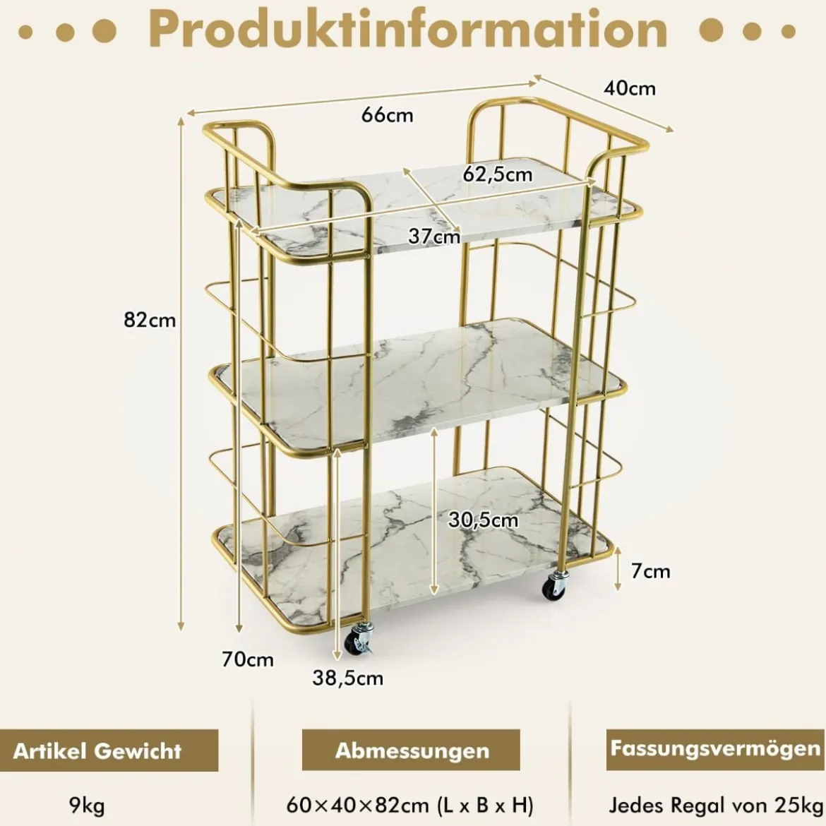 Goldener Barwagen 3-Stöckiger Servierwagen mit Marmoroberfläche 66 x 40 x 82 cm