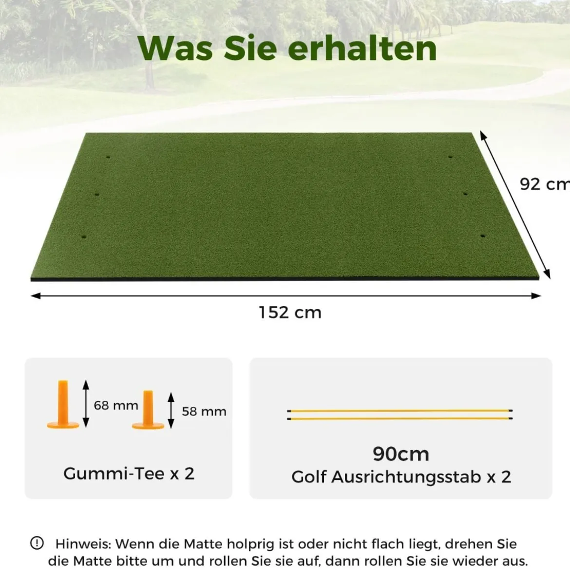 Golf Abschlagmatte 2 Gummi Tees und 2 Ausrichtungsstäbe 6 Abschlagpositionen 152 x 92 cm Dicke 20 mm