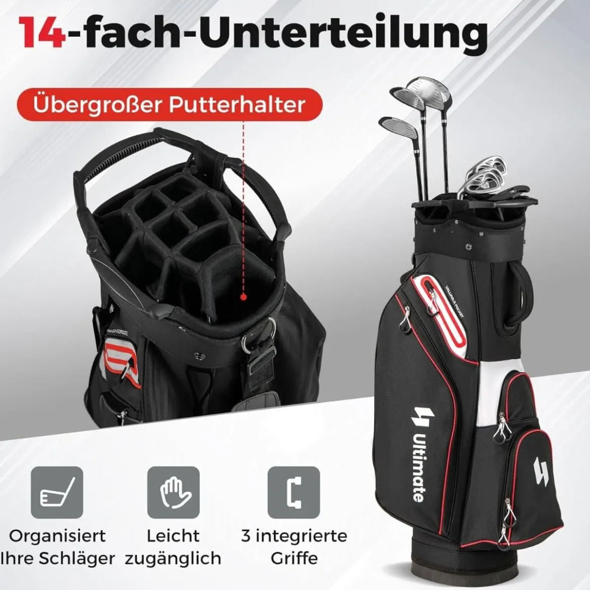 Golfbag Leichtes Golf Cart Bag mit 14 er Unterteilung Wasserabweisende Golftasche Schwarz