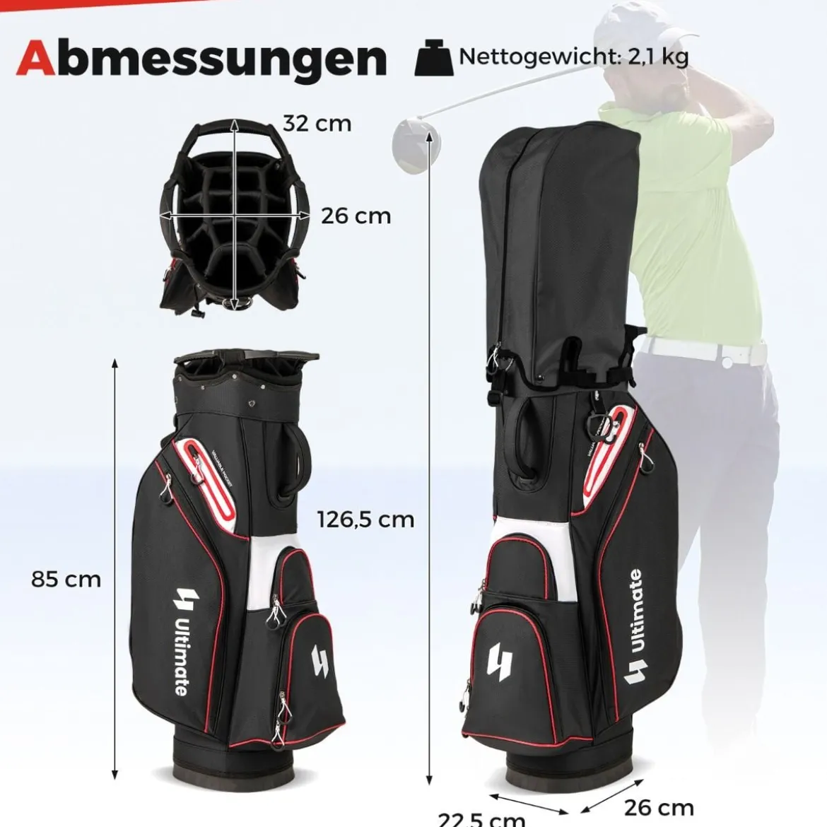 Golfbag Leichtes Golf Cart Bag mit 14 er Unterteilung Wasserabweisende Golftasche Schwarz