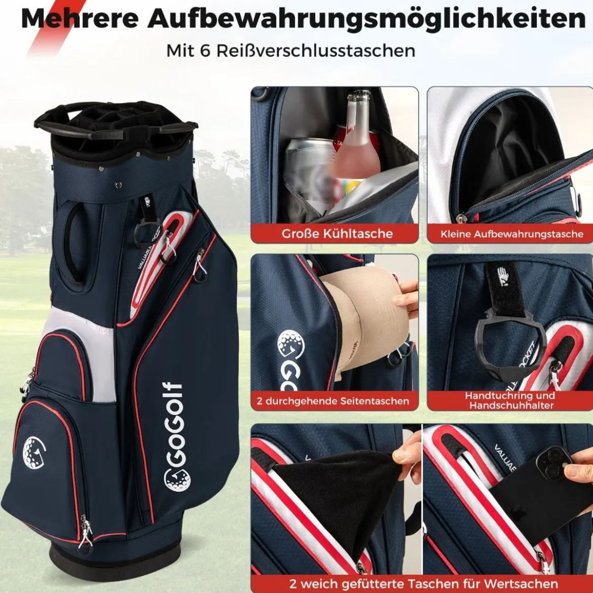 Golfbag Leichtes Golf Cart Bag mit 14 er Unterteilung Wasserabweisende Golftasche Marineblau