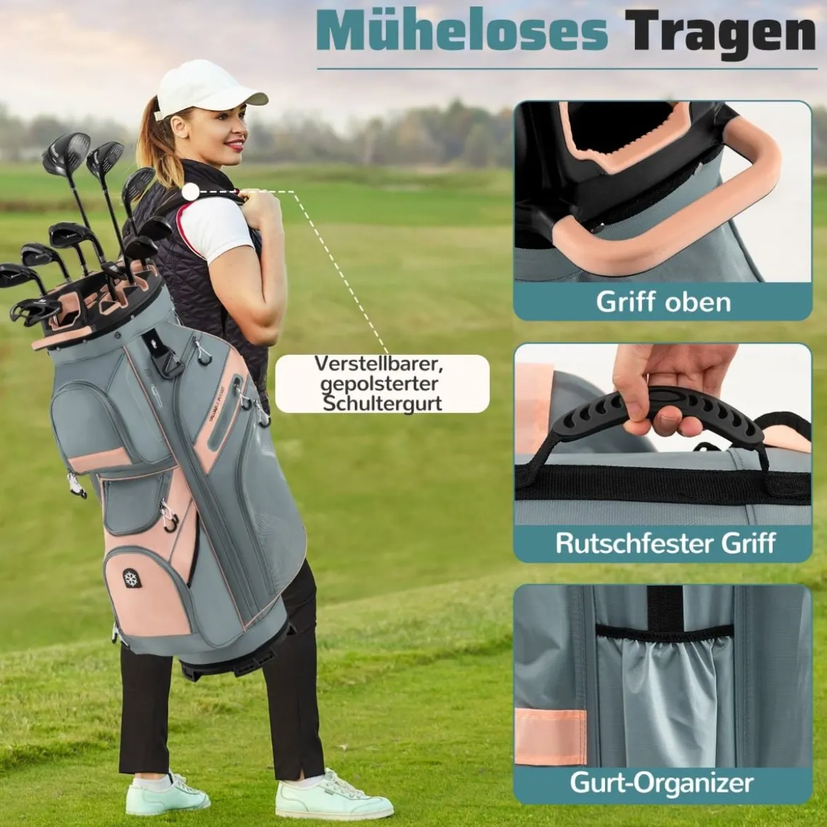 Golfbag mit 14 er Unterteilung & Tragegurt & Regenhaube & 11 Taschen Leichtes Golf Cart Bag Rosa