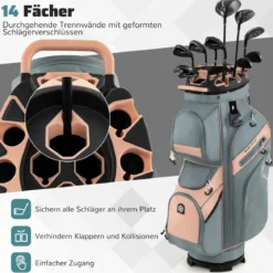 Golfbag mit 14 er Unterteilung & Tragegurt & Regenhaube & 11 Taschen Leichtes Golf Cart Bag Rosa