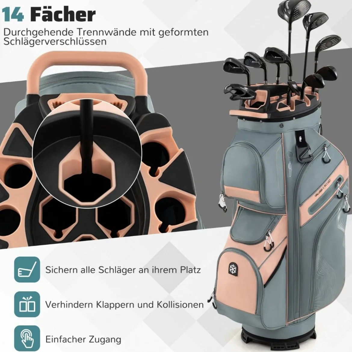 Golfbag mit 14 er Unterteilung & Tragegurt & Regenhaube & 11 Taschen Leichtes Golf Cart Bag Rosa