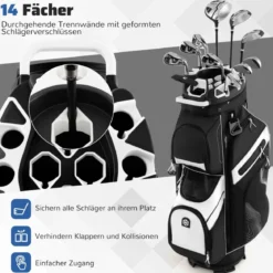 Golfbag mit 14 er Unterteilung & Tragegurt & Regenhaube & 11 Taschen Leichtes Golf Cart Bag Schwarz