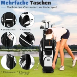 Golfbag mit 14 er Unterteilung & Tragegurt & Regenhaube & 11 Taschen Leichtes Golf Cart Bag Schwarz
