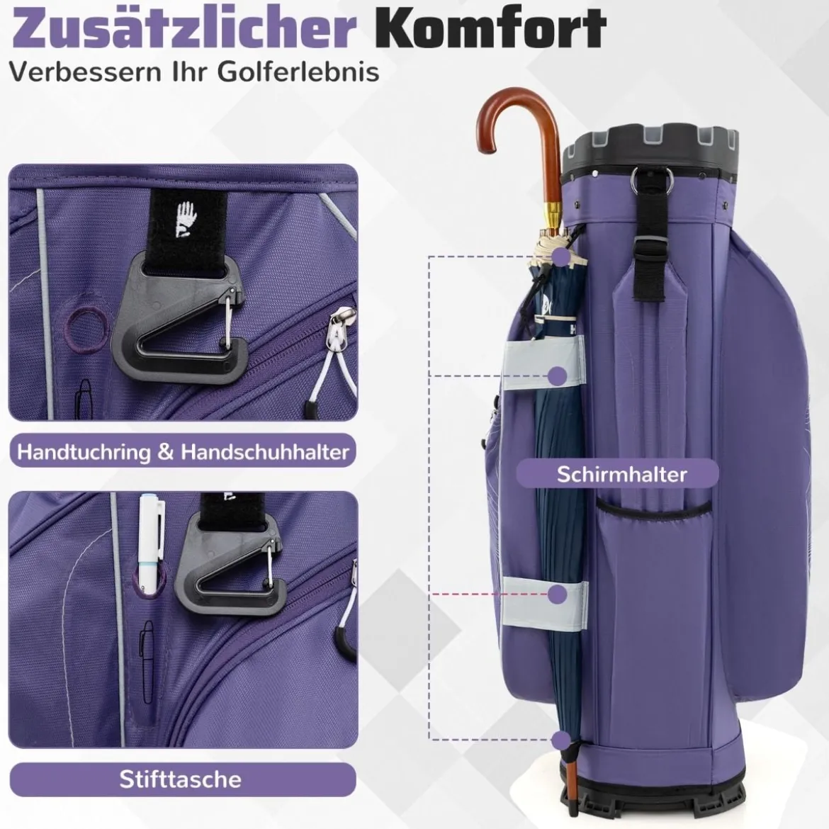 Golfbag mit 14 er Unterteilung & Tragegurt & Regenhaube & 11 Taschen Leichtes Golf Cart Bag Violett