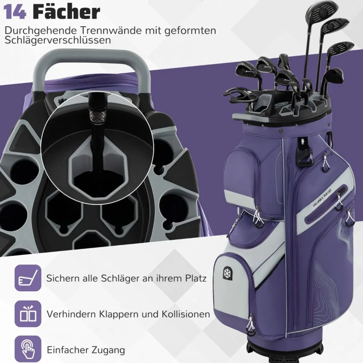 Golfbag mit 14 er Unterteilung & Tragegurt & Regenhaube & 11 Taschen Leichtes Golf Cart Bag Violett