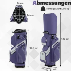 Golfbag mit 14 er Unterteilung & Tragegurt & Regenhaube & 11 Taschen Leichtes Golf Cart Bag Violett