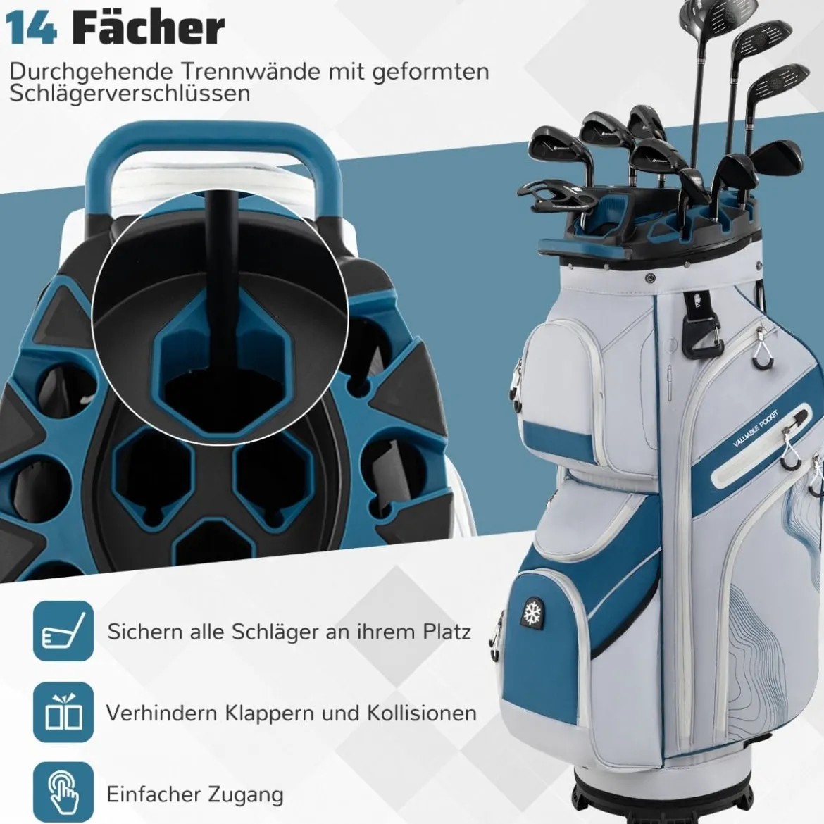 Golfbag mit 14 er Unterteilung & Tragegurt & Regenhaube & 11 Taschen Leichtes Golf Cart Bag Marineblau