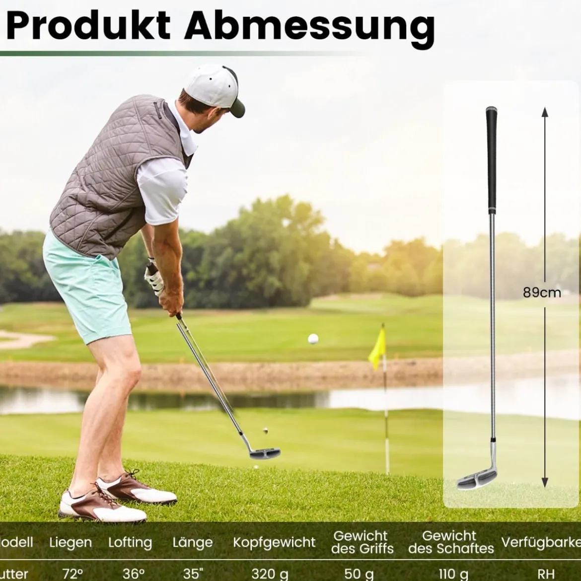 Golf Chipper 89 cm Golfschläger mit Edelstahlkopf & Rutschfester Griff für Rechtshänder Silber