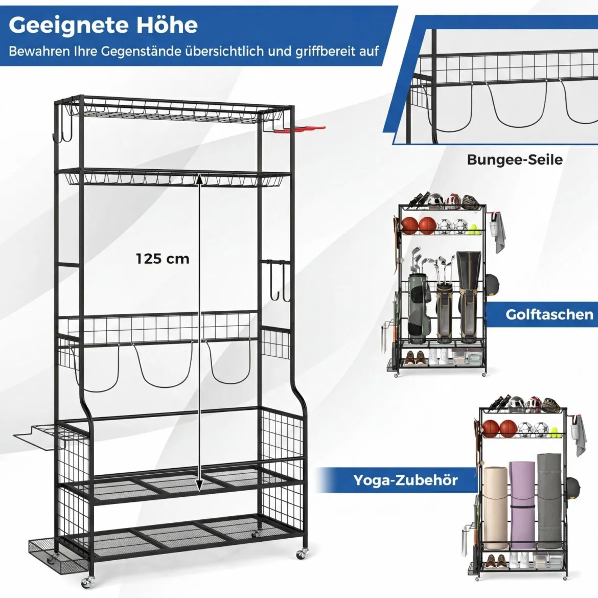 Golf Organizer mit Abnehmbaren Rollen & 4 Haken & 2 Körben Golfschläger-Organizer Schwarz