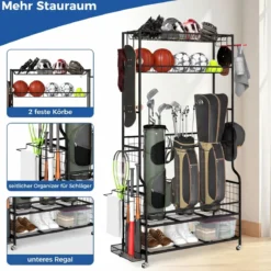 Golf Organizer mit Abnehmbaren Rollen & 4 Haken & 2 Körben Golfschläger-Organizer Schwarz