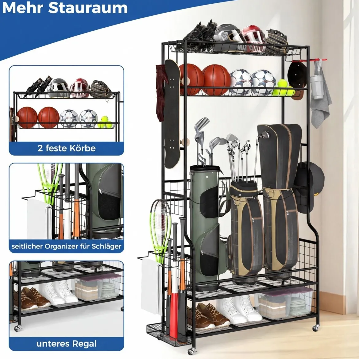 Golf Organizer mit Abnehmbaren Rollen & 4 Haken & 2 Körben Golfschläger-Organizer Schwarz