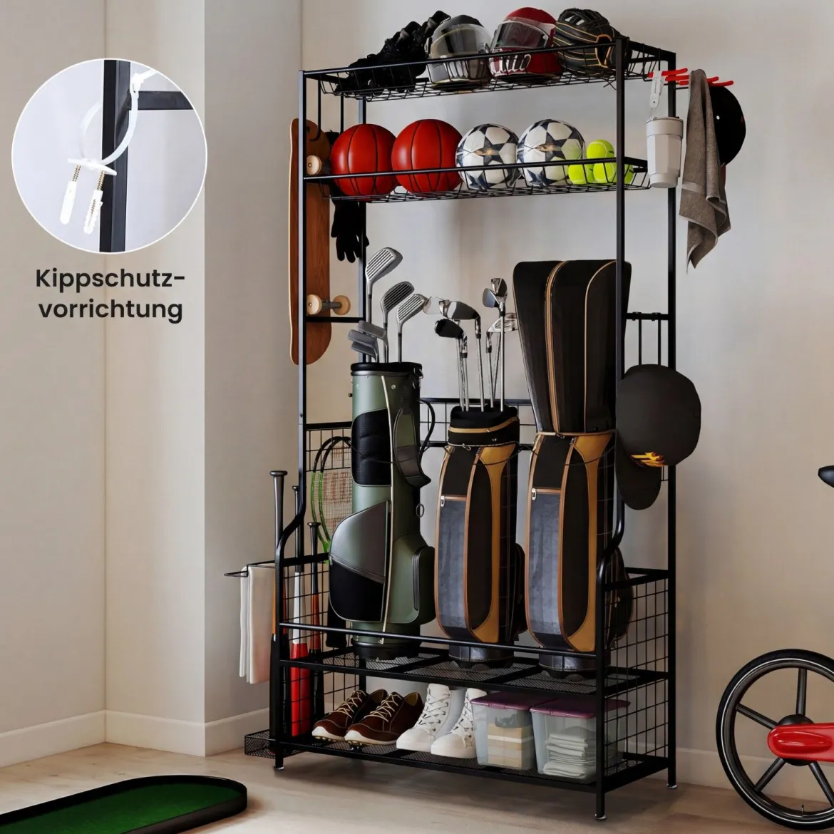 Golf Organizer mit Abnehmbaren Rollen & 4 Haken & 2 Körben Golfschläger-Organizer Schwarz