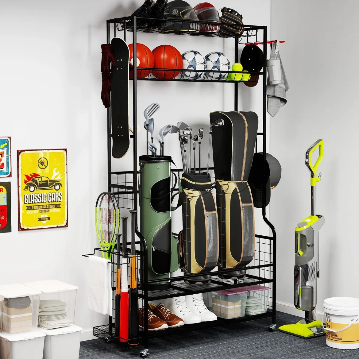 Golf Organizer mit Abnehmbaren Rollen & 4 Haken & 2 Körben Golfschläger-Organizer Schwarz