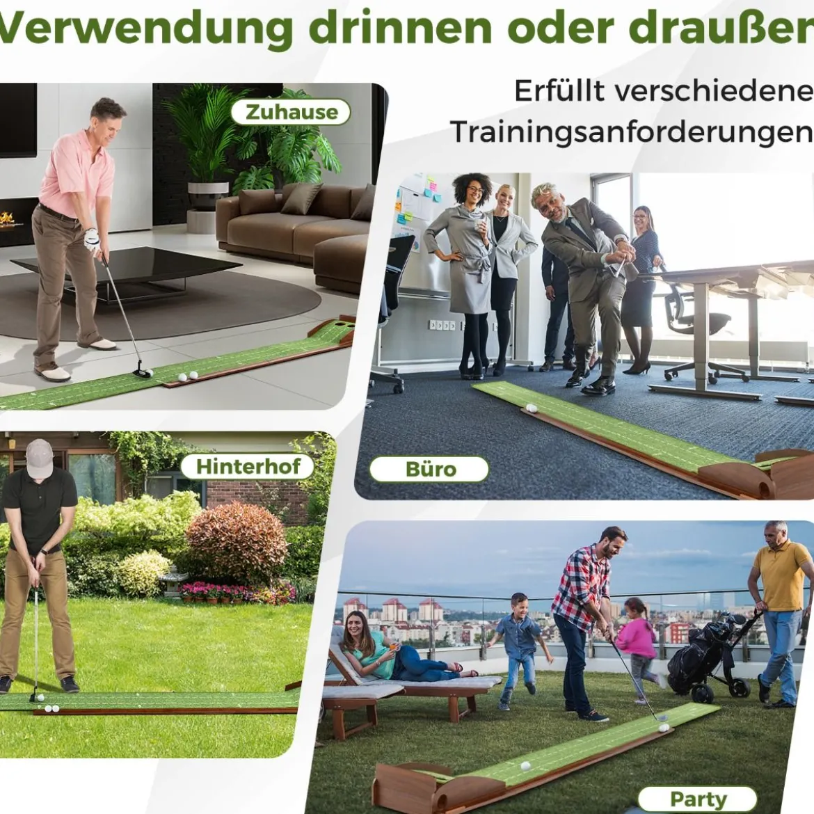 Golf Puttingmatte mit 2 Löchern & 3 Golfbällen & Kunstrasen Golfmatte Putting Trainer Grün