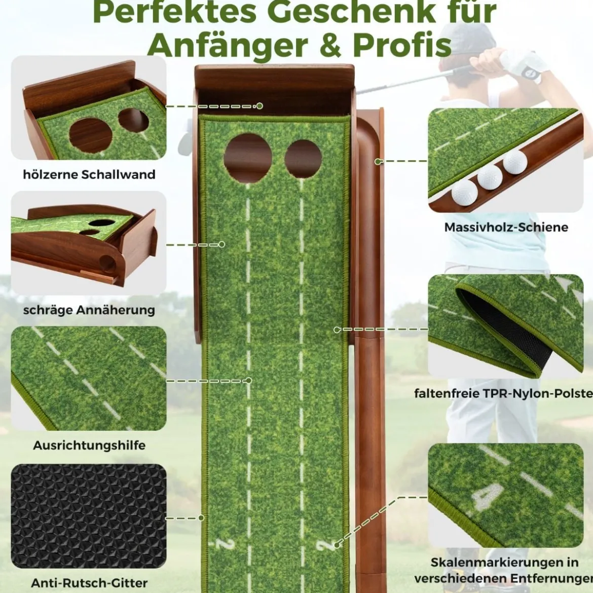 Golf Puttingmatte mit 2 Löchern & 3 Golfbällen & Kunstrasen Golfmatte Putting Trainer Grün