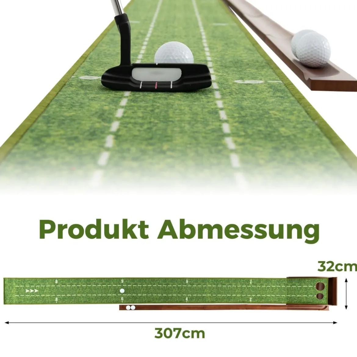 Golf Puttingmatte mit 2 Löchern & 3 Golfbällen & Kunstrasen Golfmatte Putting Trainer Grün