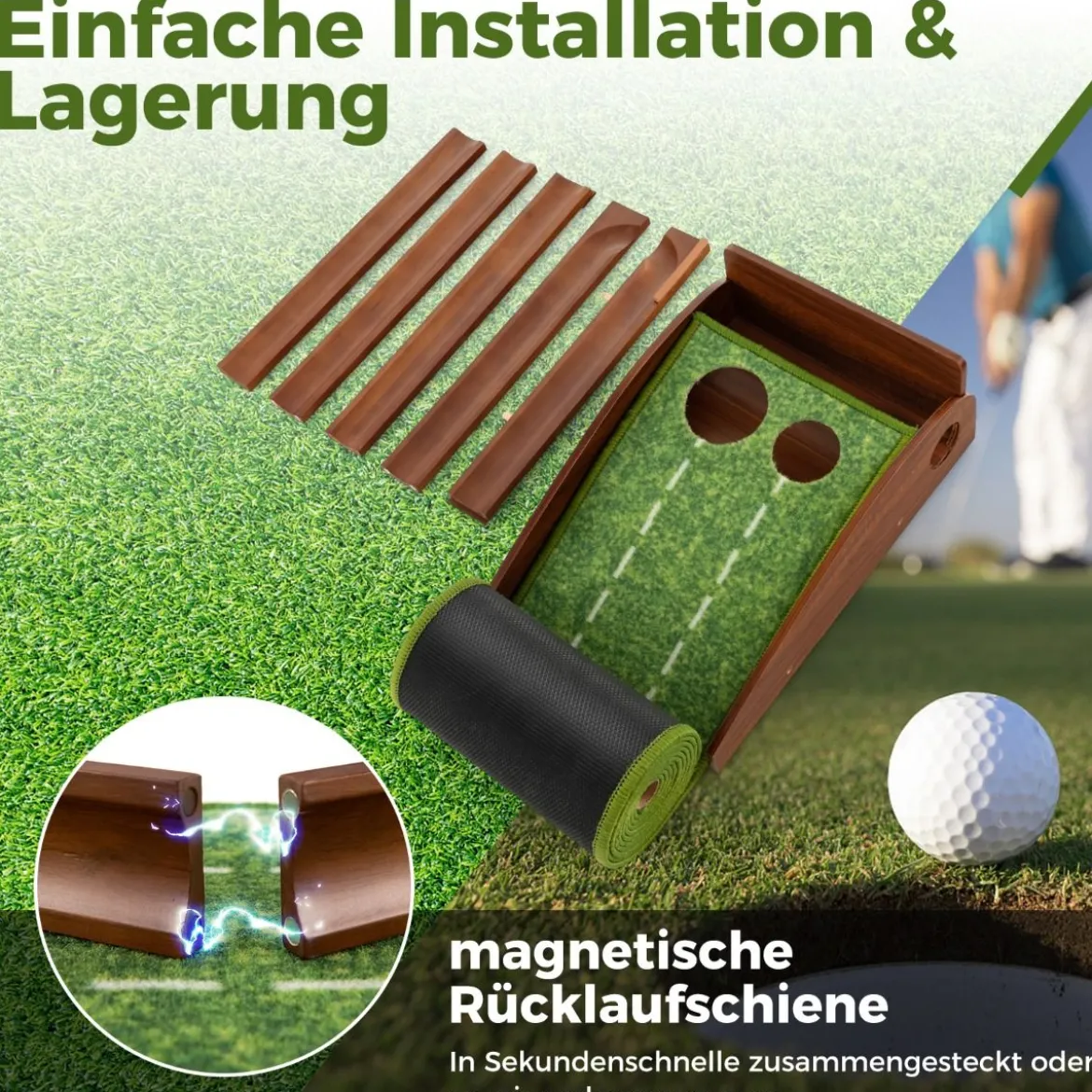 Golf Puttingmatte mit 2 Löchern & 3 Golfbällen & Kunstrasen Golfmatte Putting Trainer Grün