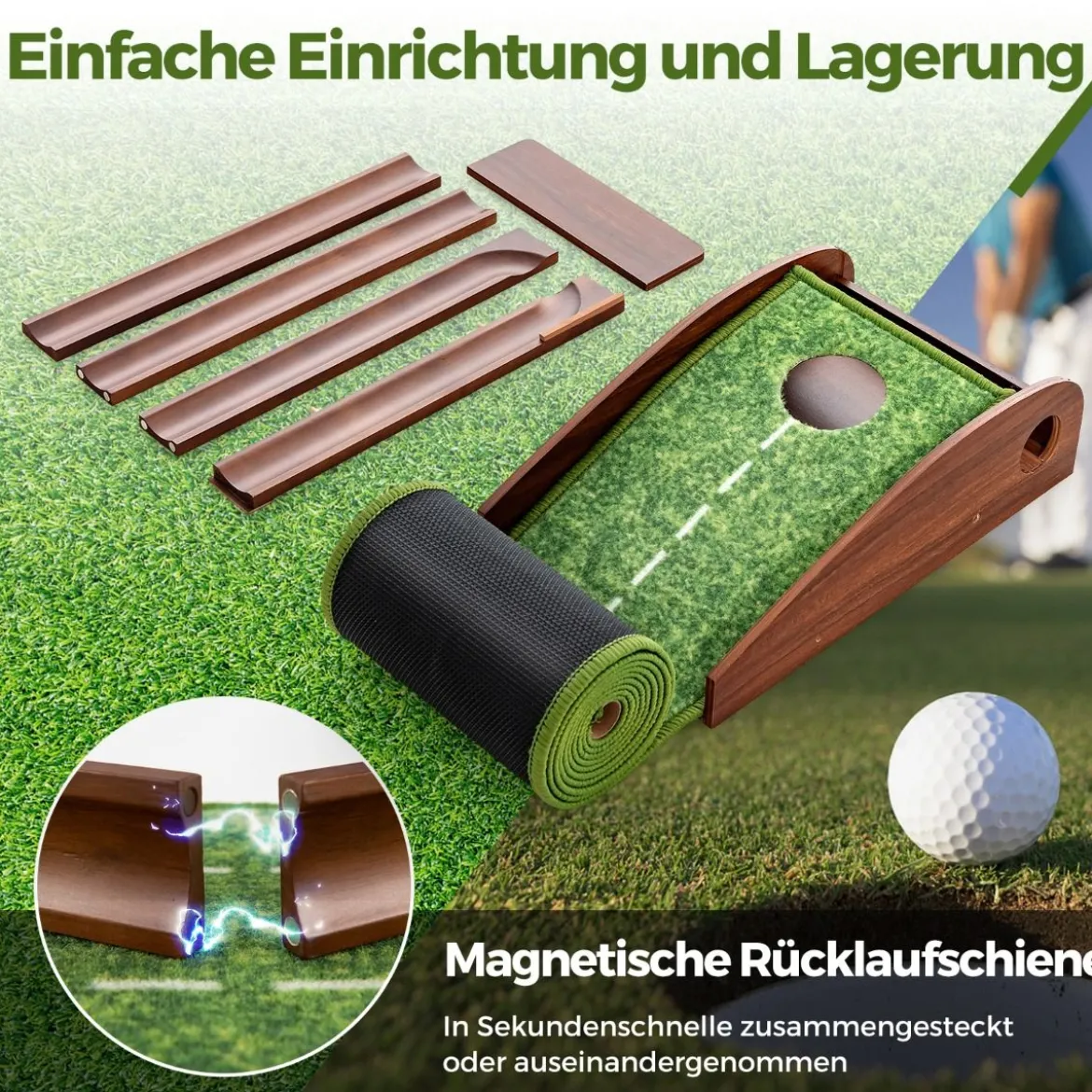 Golf Puttingmatte mit 1 Loch & 3 Golfbällen & Kunstrasen Golfmatte Putting Trainer Grün