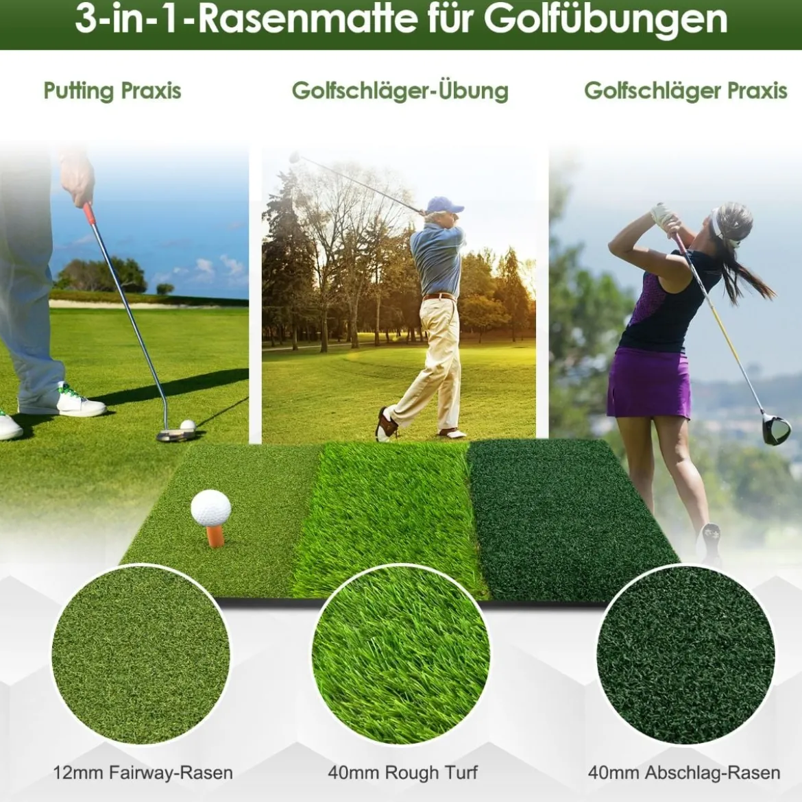 Golf Schlagmatte 3 Farben langes und kurzes Gras klappbar mit 2 Teehaltern 42 x 65 cm Grün