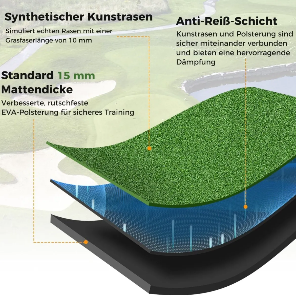 Golf Schlagmatte 2 Gummi Tees & 2 Ausrichtungsstäbe & 6 Abschlagpositionen 152 x 117 cm 27 mm Dicke