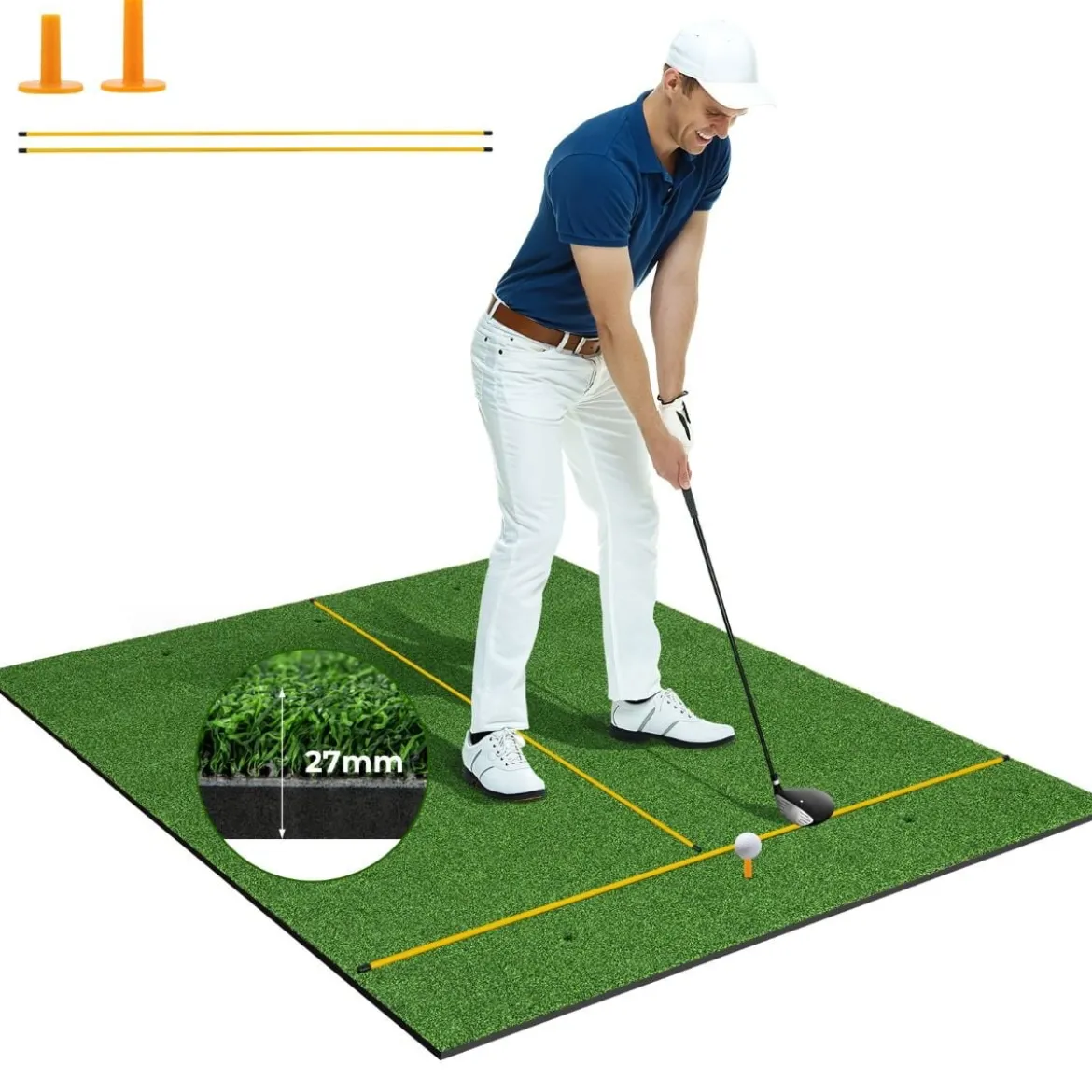 Golf Schlagmatte 2 Gummi Tees & 2 Ausrichtungsstäbe & 6 Abschlagpositionen 152 x 117 cm Dicke 27 mm