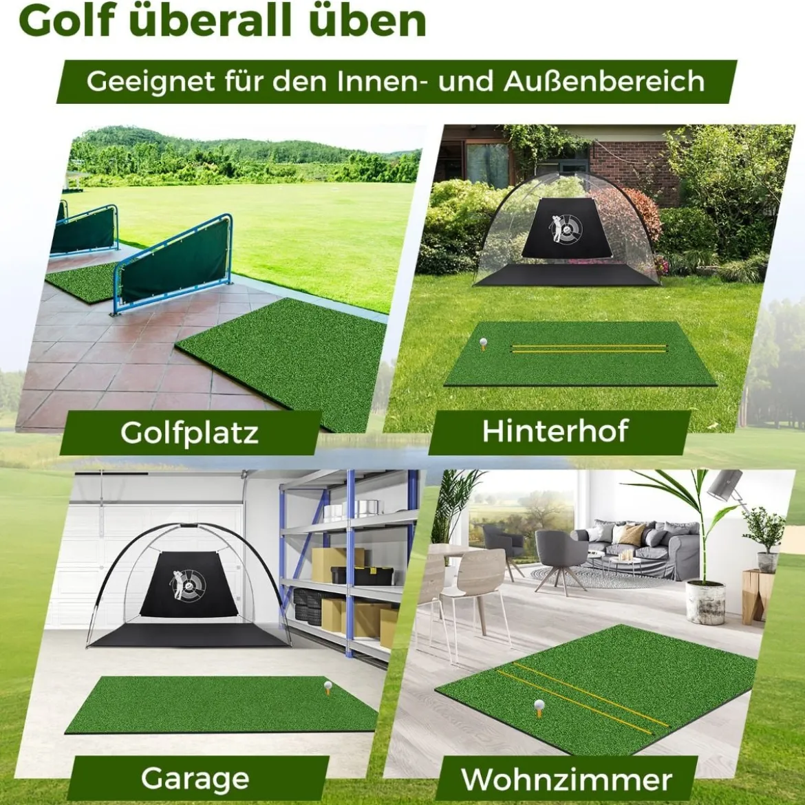 Golf Schlagmatte 2 Gummi Tees & 2 Ausrichtungsstäbe & 6 Abschlagpositionen 152 x 117 cm Dicke 27 mm