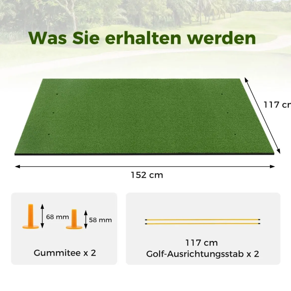 Golf Schlagmatte 2 Gummi Tees & 2 Ausrichtungsstäbe & 6 Abschlagpositionen 152 x 117 cm Dicke 27 mm