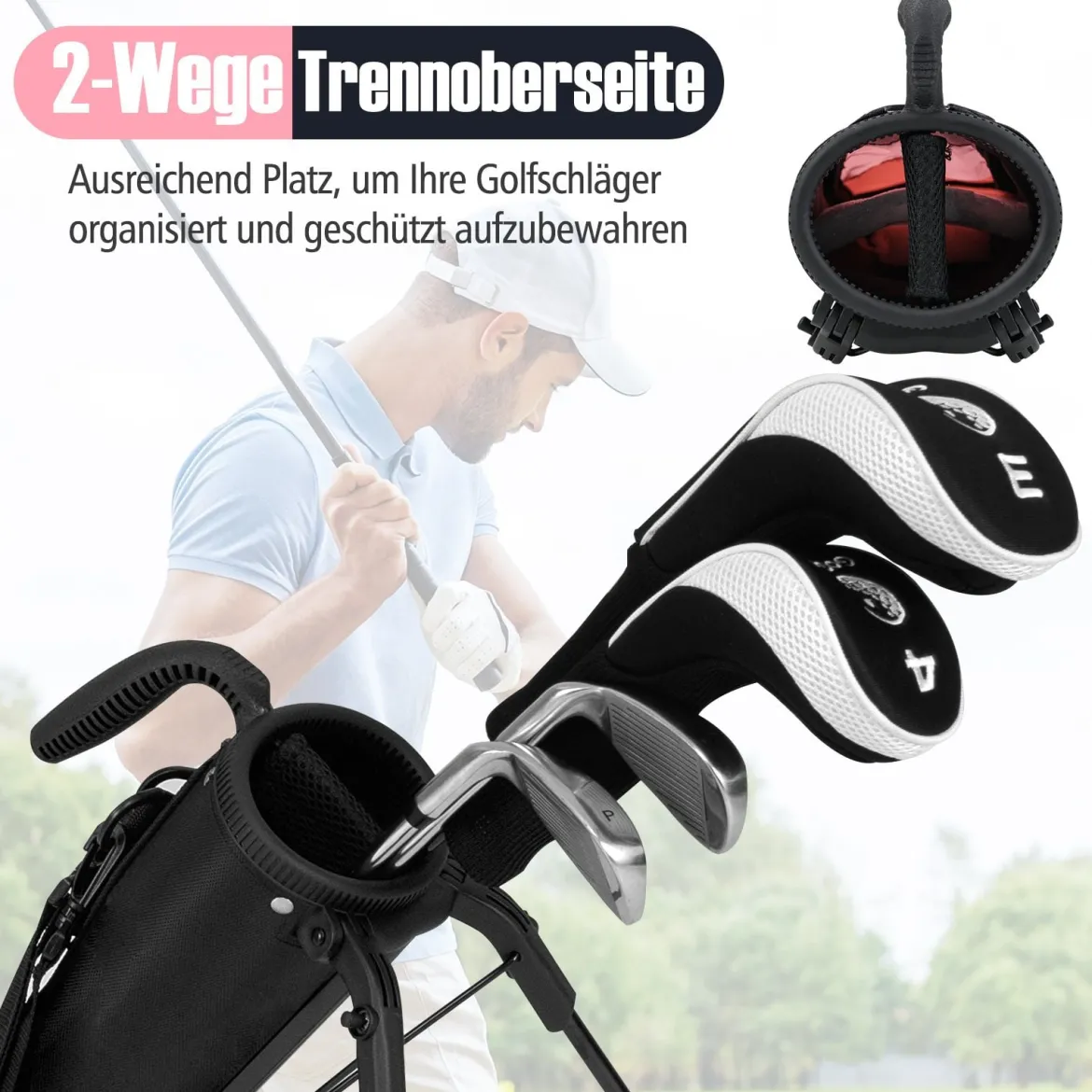 Golf-Standtasche Golfbag mit 2 er Unterteilung & Regenhaube Golftasche leicht mit Schultergurt Rosa