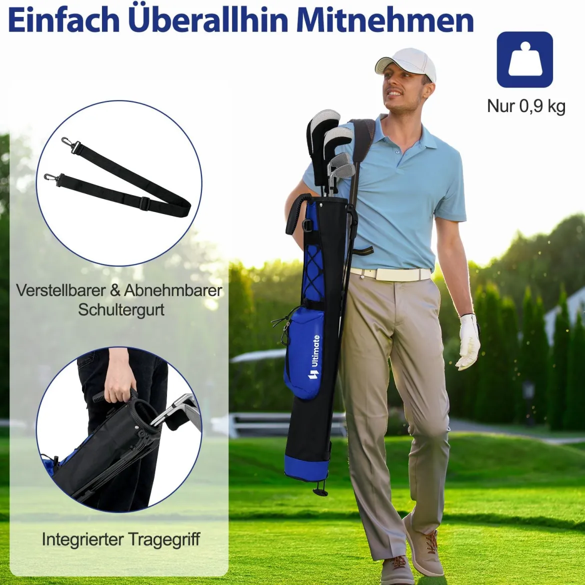 Golf-Standtasche Golfbag mit 2 er Unterteilung & Regenhaube Golftasche leicht mit Schultergurt Blau