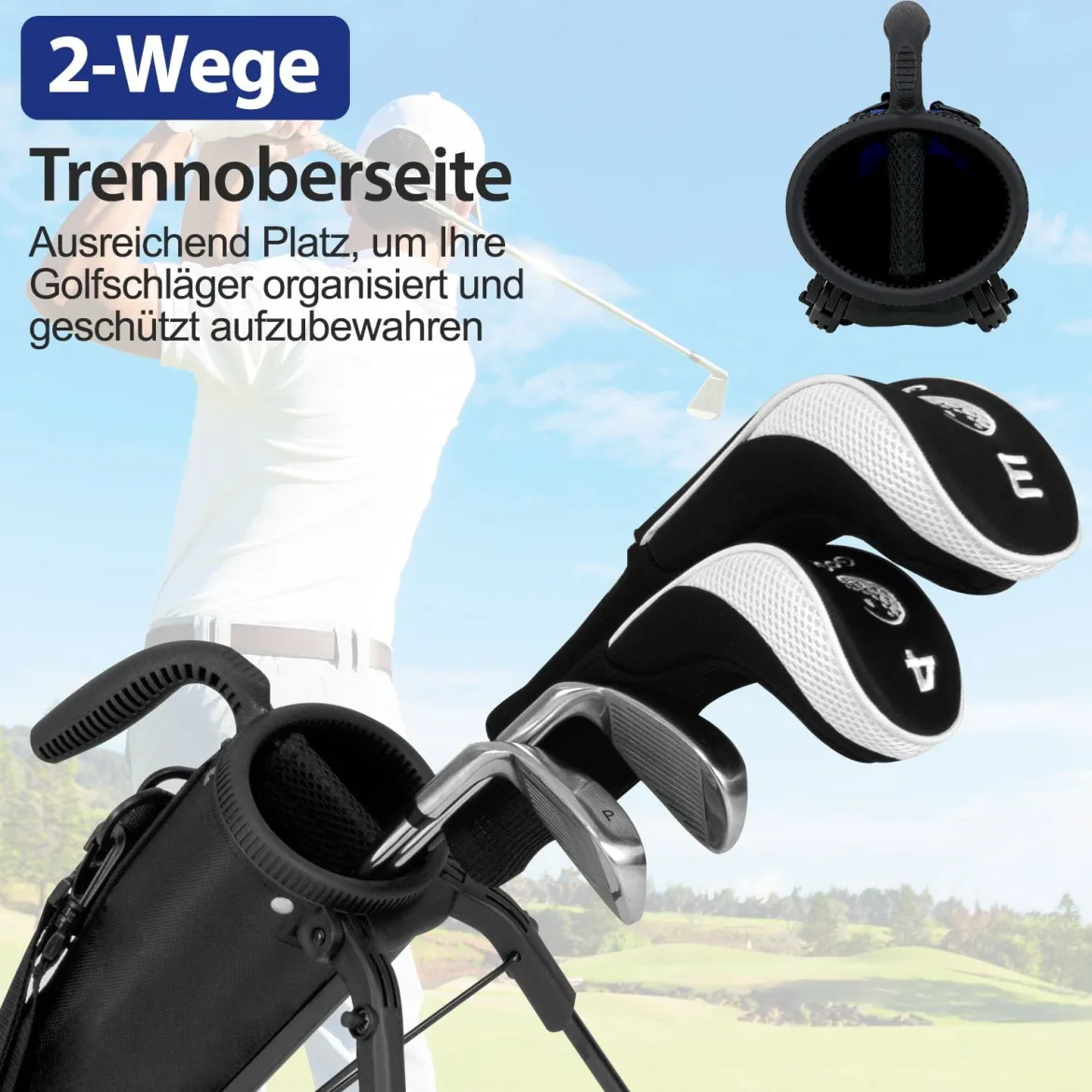 Golf-Standtasche Golfbag mit 2 er Unterteilung & Regenhaube Golftasche leicht mit Schultergurt Blau
