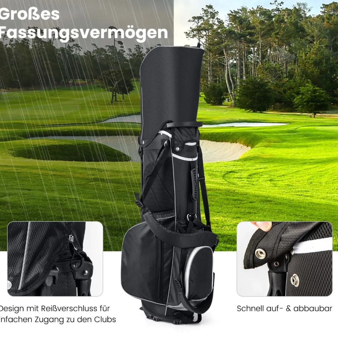 Golftasche mit 14-facher Schlägereinteilung & 6 Taschen & Kühltasche & Regenhaube Grau