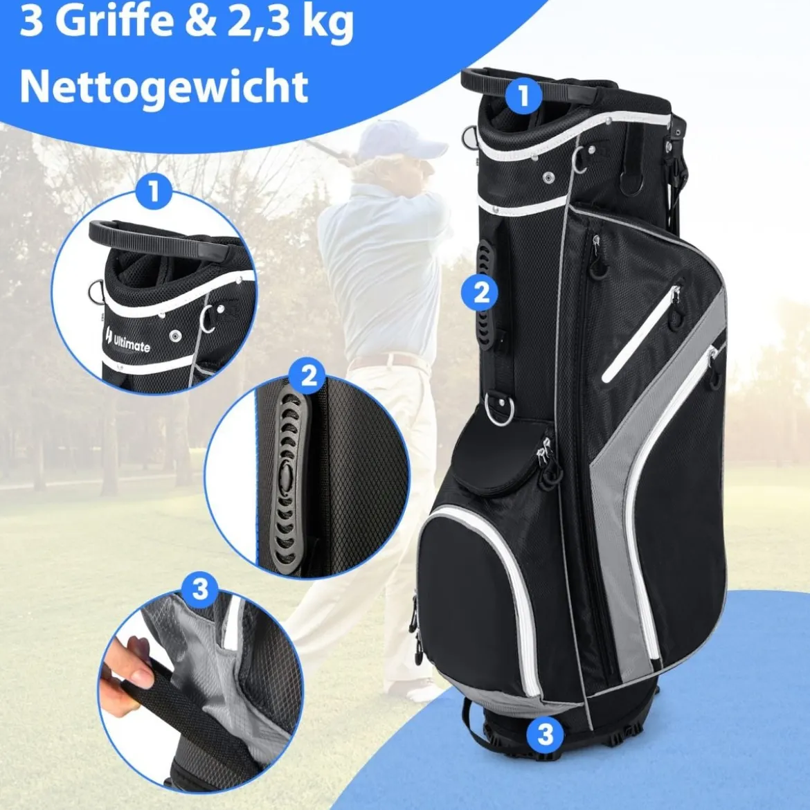 Golftasche mit 14-facher Schlägereinteilung & 6 Taschen & Kühltasche & Regenhaube Grau