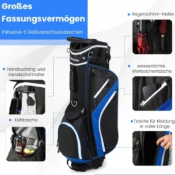 Golftasche mit 14-facher Schlägereinteilung & 6 Taschen & Kühltasche & Regenhaube Blau