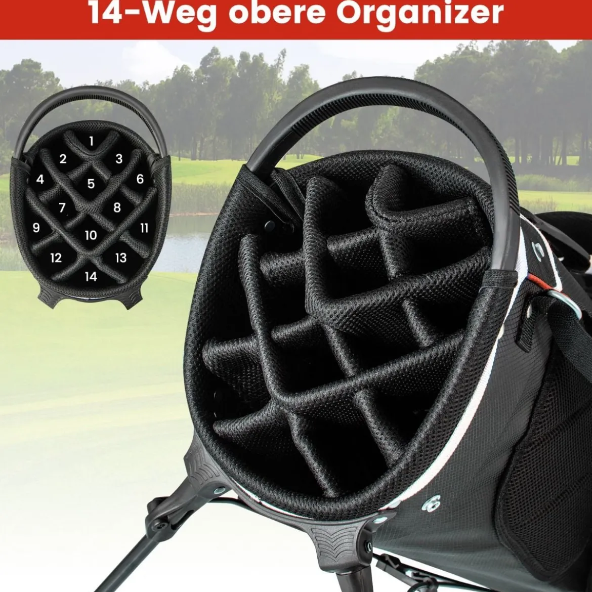 Golftasche mit 14-facher Schlägereinteilung & 6 Taschen & Kühltasche & Regenhaube Rot