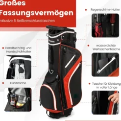 Golftasche mit 14-facher Schlägereinteilung & 6 Taschen & Kühltasche & Regenhaube Rot