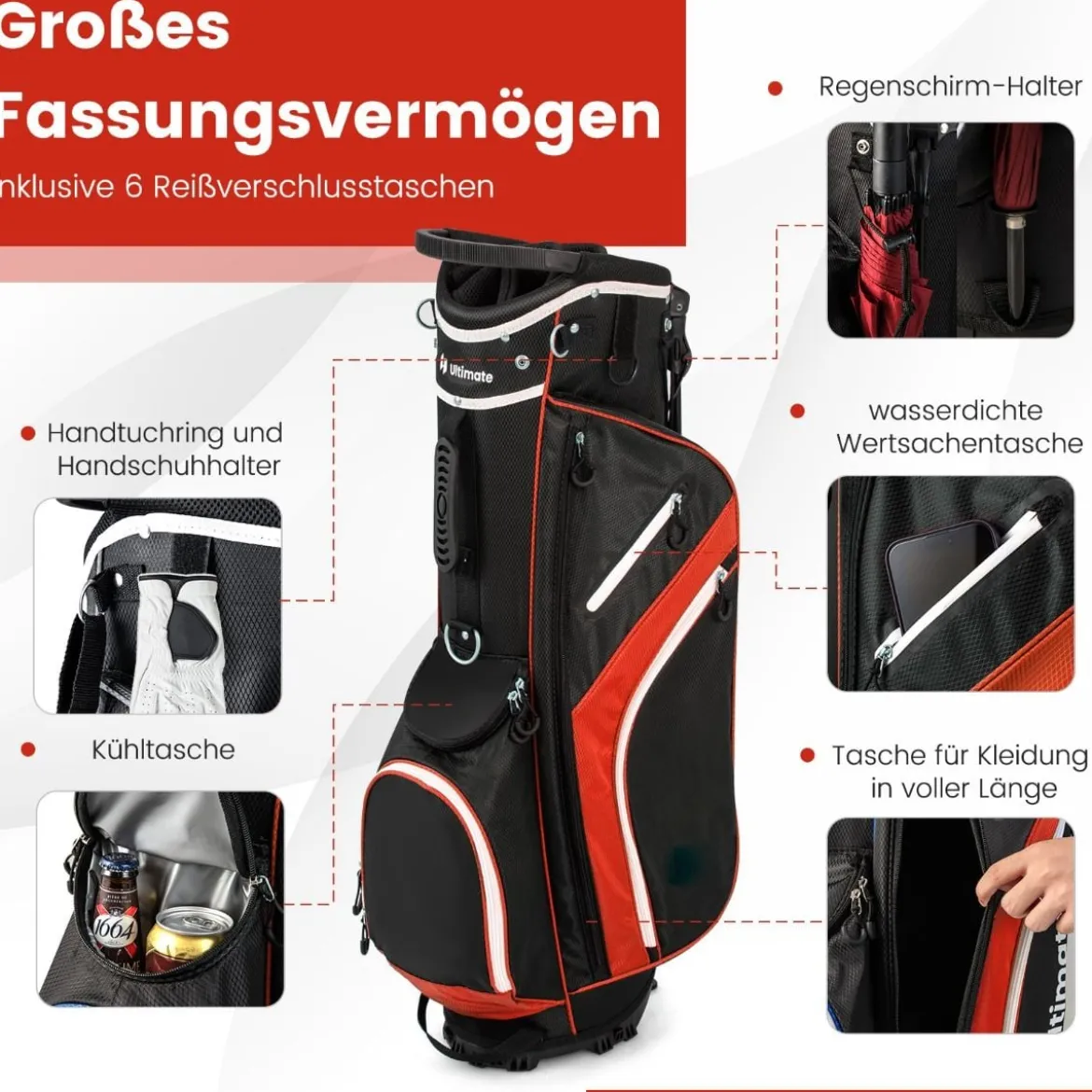 Golftasche mit 14-facher Schlägereinteilung & 6 Taschen & Kühltasche & Regenhaube Rot