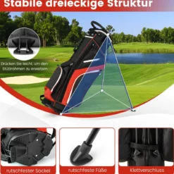 Golftasche mit 14-facher Schlägereinteilung & 6 Taschen & Kühltasche & Regenhaube Rot